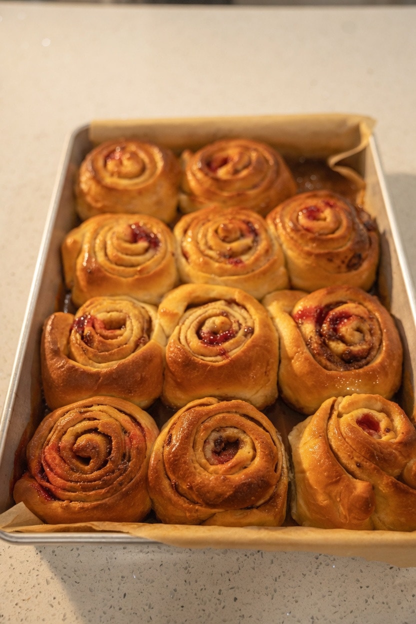 Fresh tray of strawberry cinnamon rolls just out of the oven